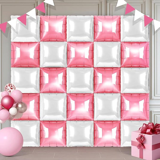 Pink and White Square Foil Balloons 25 Pcs Metallic Pink and White Balloons Wall Backdrop for New Year Graduation Birthday Bridal Shower Party Arch Backdrop Decorations