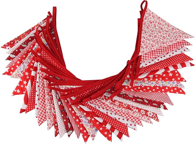 10M/32Ft Triangle Bunting Banner, 36 Pcs Cotton Fabric Flags Pennant Garlands for Birthday Party, Wedding, Baby Shower, Outdoor and Home Decorations (Red)