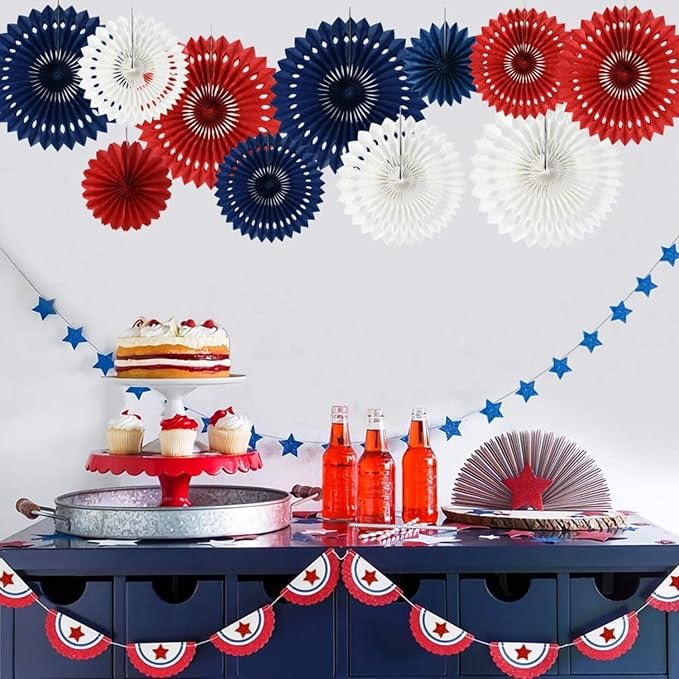 Red White Blue Hanging Honeycomb Round Paper Fans Decoration Patriotic Theme Tissue Paper Fan Garland for Shower Birthday Graduation Wedding Party Supplies 11 Count