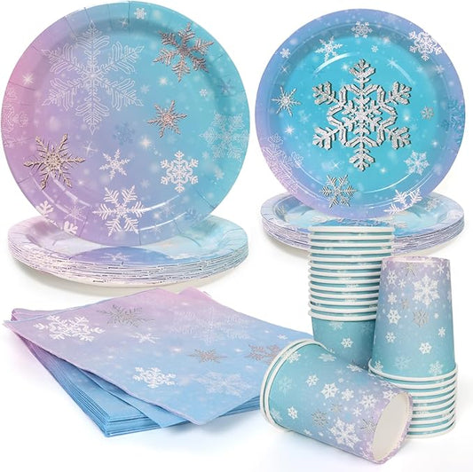 96Pcs Snowflake Plates and Napkins and Cups Kids Birthday Party Gradient Color Disposable Paper Plates for 24 Guests Picnic Baby Shower Tea Party Supplies