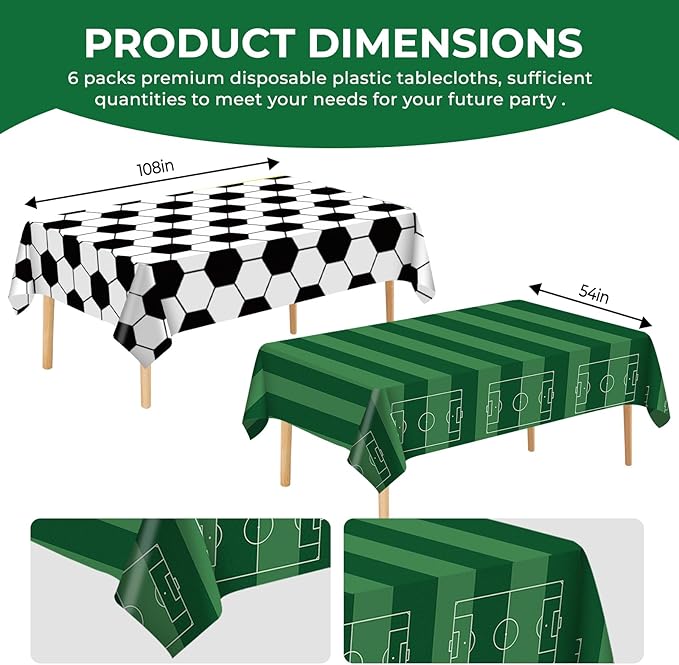 6 Pack Soccer Party Premium Disposable Plastic Tablecloth 54" x 108" Table Cloths Include 3 Black＆White and 3 Green for 6 to 8 Foot Sports Ball Theme Decoration Supplies (Soccer)