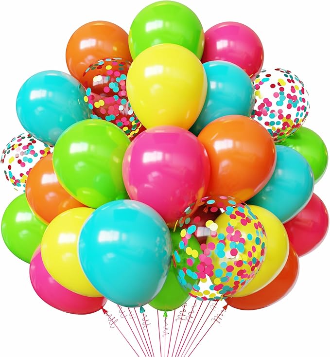 Summer Tropical Latex Balloons, 50pcs 12 Inches Hot Pink Green Orange Yellow Teal Blue Balloons for Birthday, Baby Shower Hawaiian Summer Party Decorations