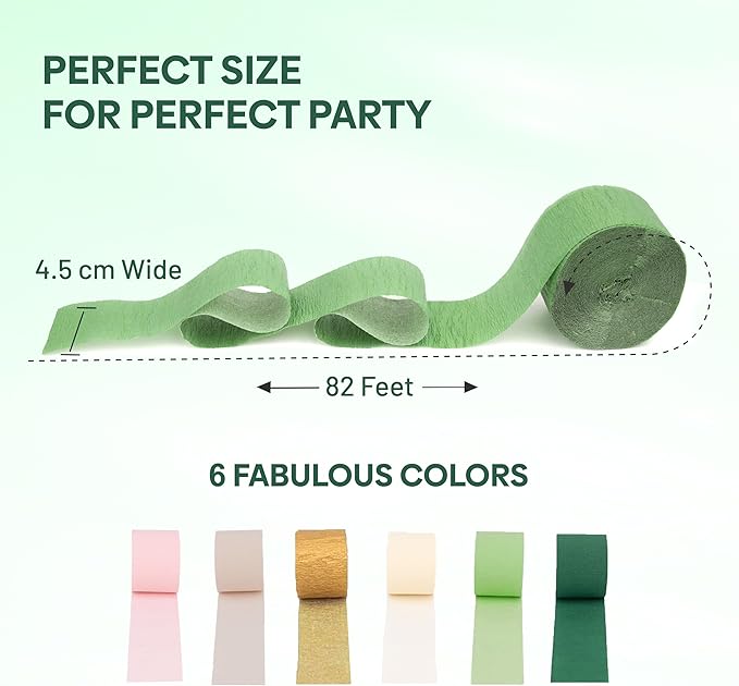 Captain Decor 6 Sage Green Streamers, 492 FT Sage Green Birthday Decorations, Party Decorations, Crepe Paper Streamers for Baby Shower, Wedding, Bridal Shower Party Supplies (1.8 inch x 82 ft/Roll)