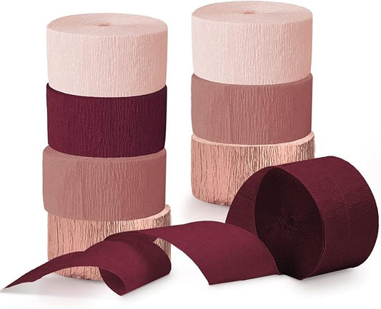 NICROLANDEE 8 Rolls Burgundy Rose Gold Crepe Paper Streamer Rolls for Birthday Wedding Engagement Bridal Shower Bachelorette Anniversary Valentine's Day Decorations