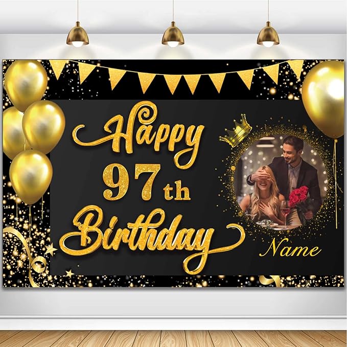 Custom Happy 97th Birthday Decorations Banner -97 Years Old Birthday Decorations Backdrop for Women Men Boys Girls - Personalization Happy 97th Birthday Party Decorations Supplies - Black and Gold