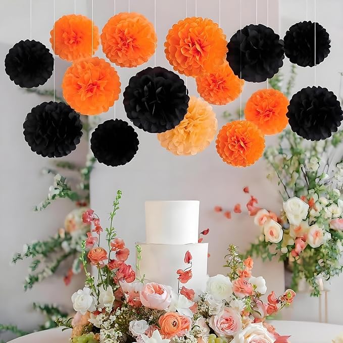 XIKSXITN 12 pc Orange Black Tissue Paper Pom poms-Hanging Paper Pom Poms Paper Flowers Ball for Halloween Party Decorations(10&12 inch)