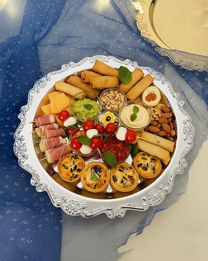 2PCS Coffee Table Tray 11.8in Round Decorative Tray Vintage Metal Dessert Plates for Snacks Fruit Silver