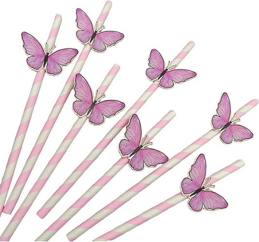 20pcs Butterfly Stripe Paper Straws Anti Wrinkle Straw Butterfly Floral Decor Disposable Party Straws Drinking Straws Set for Valentine's Day Brithday New Year Party Decoration Supplies