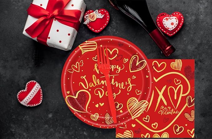 72Pcs Happy Valentine's Day Plates and Napkins Party Supplies Red & Gold Heart Paper Plates and Napkins with Forks 7inch Disposable Love Heart Dessert Plate Tableware Decorations for Valentines Day