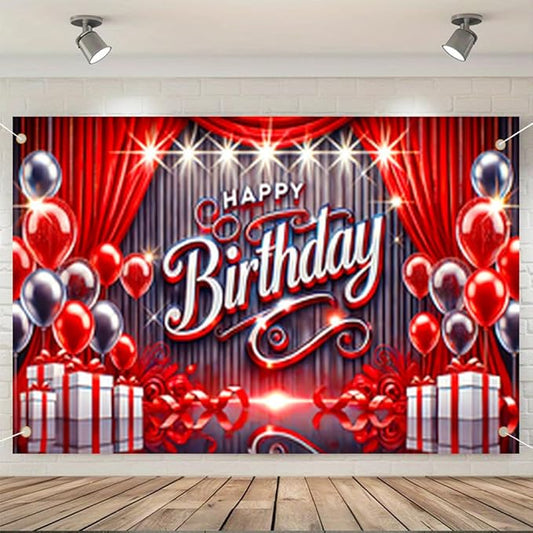 71x43 Inch Birthday Party Banner with Red and Silver Balloons Gift Boxes Curtains Stage Backdrop Indoor Outdoor Wall Door Porch Decoration Celebration Photo Prop