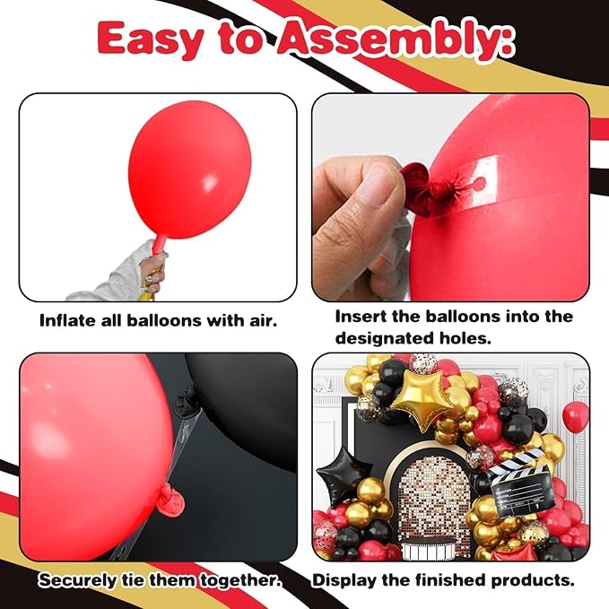 Movie Night Balloon Garland Arch Kit, Red Black Gold Balloons with Camera Star Foil Popcorn Flim Clapperboard Balloons for Birthdays Anniversaries Movie Theater Film Party Decorations