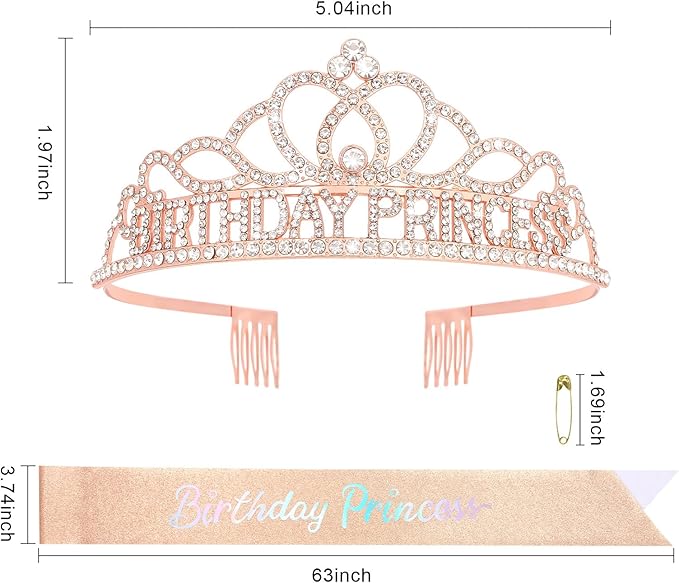 CAVETEE Princess Crowns and Sashes for Girls & Women - Birthday Party Decorations Set