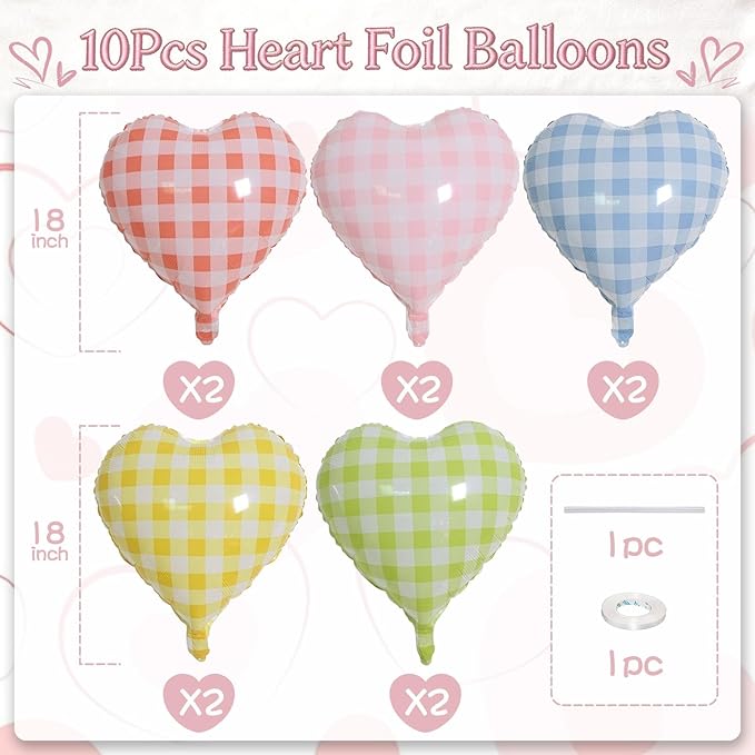 Pastel Checkered Heart Balloons, 18Inch Light Pink Blue Yellow Green Red Rainbow Plaid Heart Shape Foil Balloon, 10Pcs Colorful Grid Helium Balloon for Birthday Retro Y2K Easter Goose Theme Party