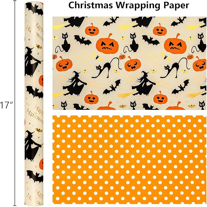 Burymento Reversible Halloween Wrapping Paper, Pumpkin, Witch Hat and Polka Dot Design, Suitable for Halloween, Christmas Nightmare Holidays, Parties, Mini Rolls (17 Inches X 32.8 Feet)