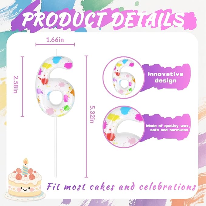 Paint Birthday Candles, Art Paint Party Decoration Supplies, Birthday Number Candles for Cake Topper (Multicolour, Number 6)