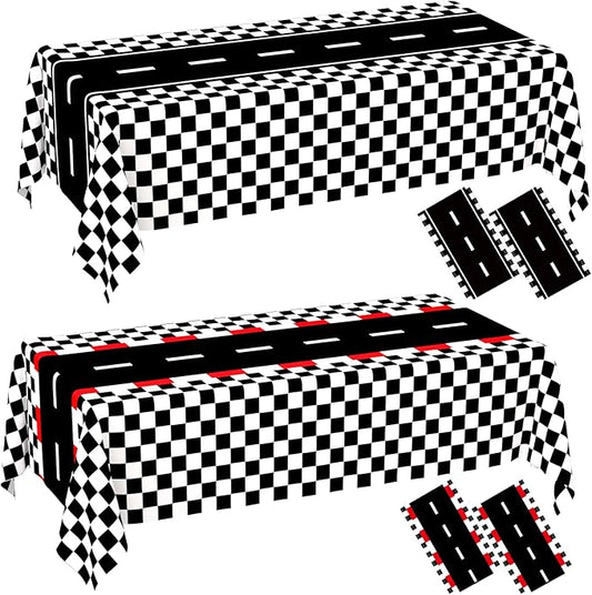WNINK 4 Pack Race Car Table Cloth and Black White Gingham Tablecloths Disposable Plastic Buffalo Check Tablecloth Checkered Flag Covers for Birthday, Outdoor Picnic, Birthday, Camping 54 × 108 Inch
