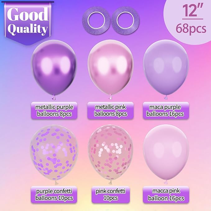68pcs Pink and Purple Balloons, 12 Inch Metallic Purple Pink Confetti Latex Balloons with Ribbon, Party Balloons for Girls Birthday Baby Shower Wedding Party Decorations