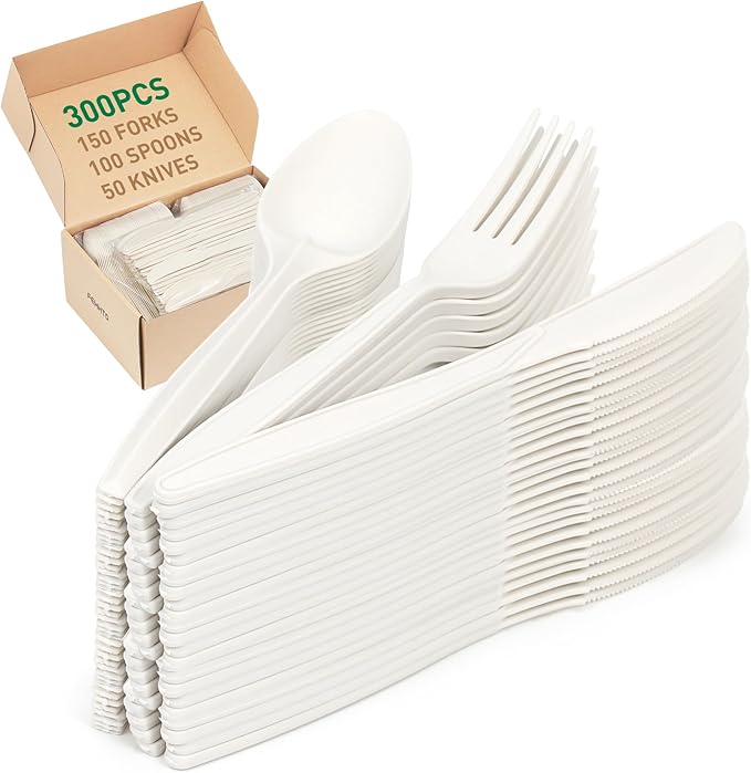 100% Compostable Cutlery Set, Disposable Cornstarch Utensils Heavy Duty BPI Certified Eco-Friendly Party Supplies No Plastic-300pcs (150 Forks,100 Spoons,50 Knives)