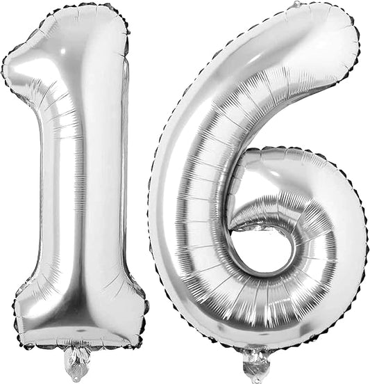Silver 16 Number Balloons Big Giant Jumbo Large Number 16 Foil Mylar Balloons for Girl Boy Men 16th Birthday Party Supplies 16 Anniversary Events Decorations-40 inch