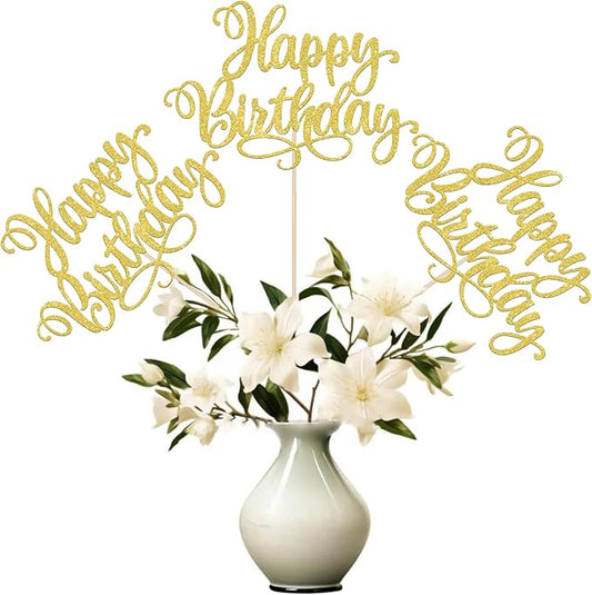 12 PCS Happy Birthday Centerpiece Sticks Double Sided Glitter Birthday Party Table Flower Centerpieces Anniversary Floral Decorations for Celebrating Birthday Party Centerpieces Supplies Gold