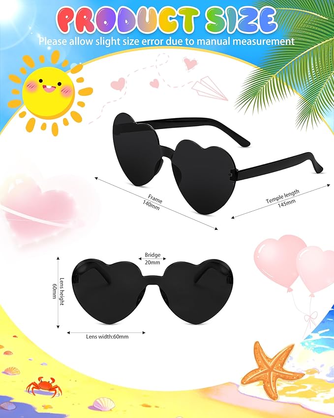12 Pairs Heart Shaped Sunglasses Candy Color Rimless Fun Heart Glasses for Women Party Favors