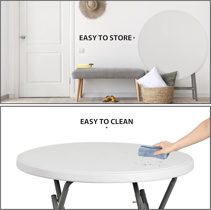 32" Round Folding Table Plastic Card Table Circle Dining Table Heavy Duty Portable w/Handle for Picnic Party Camping Dining Wedding Event Indoor Outdoor Lightweight White
