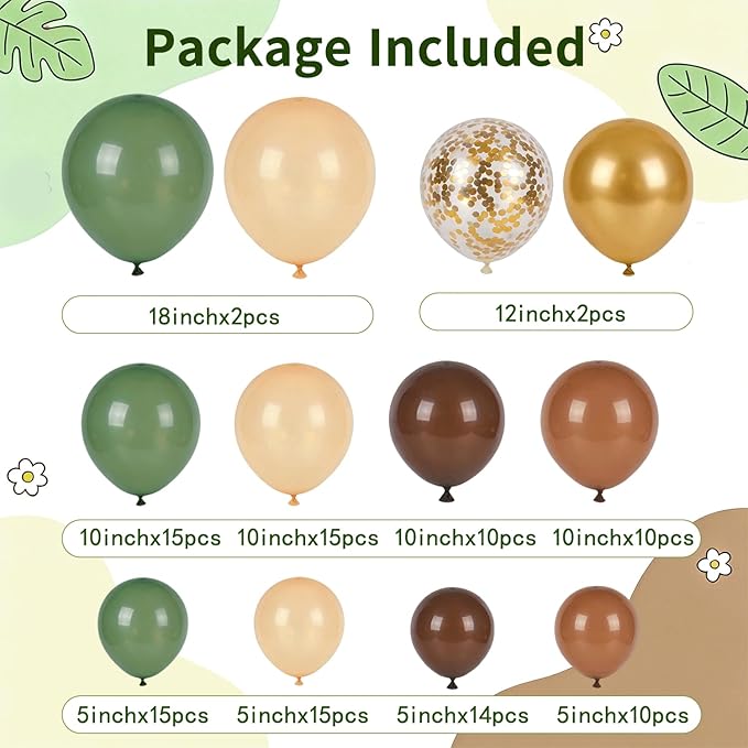 Sage Green Brown Balloons Arch Kit, Woodland Safari Balloon Garland with Sage Green Dark Brown Nude Metallic Gold Confetti Latex Balloons Garland for Birthday Party Jungle Dinosaur Forest Decorations