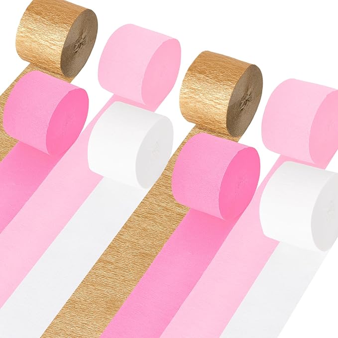 Pink Streamers Party Decorations, 8 Rolls 656ft Pink and Gold Crepe Paper Streamers for Wedding, Bridal Shower, Baby Shower, Birthday, Valentines Day, Bachelorette, Girl Party Backdrop Decorations