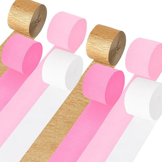 Pink Streamers Party Decorations, 8 Rolls 656ft Pink and Gold Crepe Paper Streamers for Wedding, Bridal Shower, Baby Shower, Birthday, Valentines Day, Bachelorette, Girl Party Backdrop Decorations