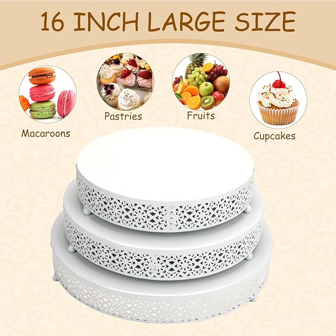 3 Piece Cake Stands Set 16'' 14'' 12'' Round Metal Cake Stands Cupcake Stand Riser Pastry Candy Display Plate for Dessert Table Wedding Event Birthday Anniversary Party (White)