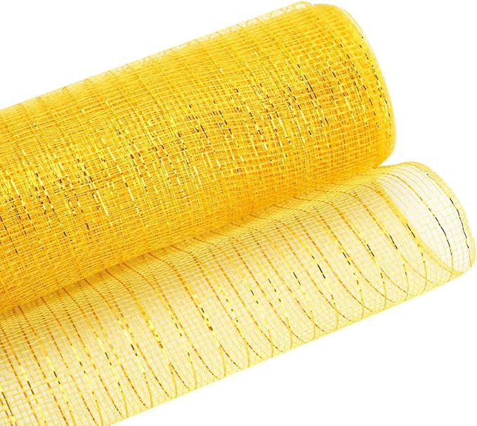 3 Rolls White Yellow Green Deco Mesh Ribbon for Wreath Making Supplies, 10 Inch x 30FT Metallic Foil Burlap Deco Mesh Fabric for Christmas Tree New Year Winter Door Wreath Swags and Decorating