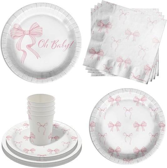 Birthday Galore Oh Baby Pink Bows Baby Shower Party Supplies - 64 Piece Baby Shower Tableware Set Includes Large 9" Dinner Plates and 8" Dessert Paper Plates Napkins Cups - Kit for 16