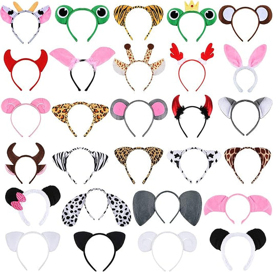 28 Pieces Safari Animal Headbands with Ears, Horns, and Hoops - Jungle Theme Birthday Photo Props for Kids and Adults