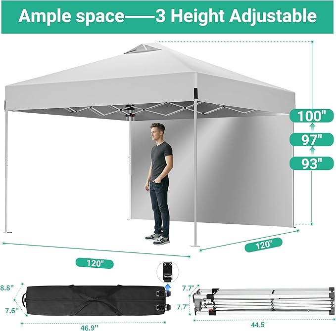 10X10FT White Pop Up Canopy Tent with 1 Sidewalls & Roller Carrybag, Outdoor Adjustable Height Instant Shelter Gazebo with Sturdy Ground Spikes & Sandbags for Camping, Patio, Backyard, Event