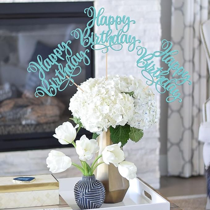 12 PCS Happy Birthday Centerpieces Sticks Double Sided Glitter Birthday Party Decorations Anniversary Table Flower Centerpiece for Celebrating Birthday Party Centerpieces Supplies Light Blue