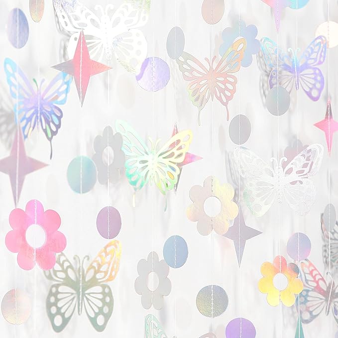 Iridescent Butterfly Girl-Birthday Party-Decorations Garland-Streamers - 52Ft Baby Shower Bachelorette Holographic Hanging Banner Decor,Engagement Garden Classroom Pastel Glitter Backdrop Huglony