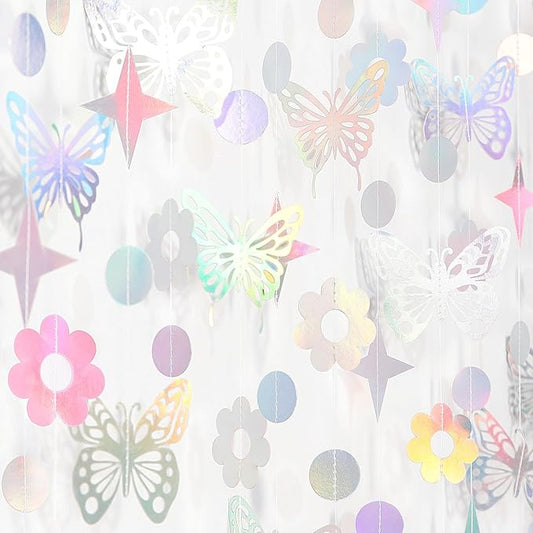 Iridescent Butterfly Girl-Birthday Party-Decorations Garland-Streamers - 52Ft Baby Shower Bachelorette Holographic Hanging Banner Decor,Engagement Garden Classroom Pastel Glitter Backdrop Huglony