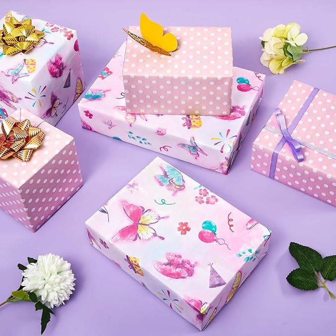 WERNNSAI Butterfly Wrapping Paper Roll - 1 Roll 17” x 33 ft Butterfly Fairy Wrapping Paper Pink Purple Flower Gift Packing for Kids Girls Birthday Baby Shower Bridal Shower Decor Reversible Polka Dot