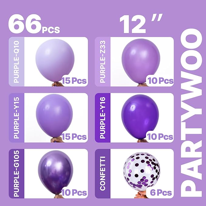 PartyWoo Purple Balloons 66pcs 12 Inch Light Pastel Dark Metallic Purple Lilac Lavender Confetti Balloons for Graduation Baby Shower Birthday Wedding Anniversary Butterfly Princess Party Decorations
