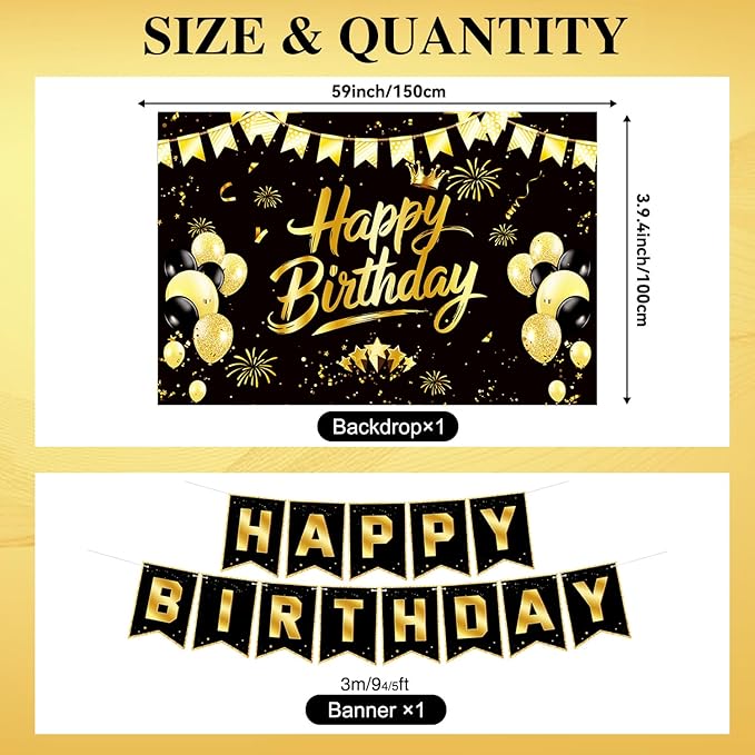 Black Gold Birthday Decorations for Men Women, Pre-Strung Happy Birthday Banner with Backdrop, Balloons,Honeycomb Centerpieces & Streamers Kit