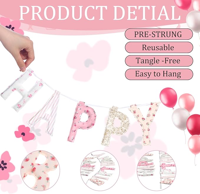 Suncalla Pre-strung Happy Birthday Banner Sign Reusable Felt Happy Birthday Garland Hanging Decorations Party Bunting Garland for Party Decor Photo Prop Home Backdrop(Floral)