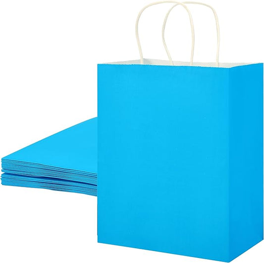 SUNCOLOR 25 Pack Blue Gift Bags with Handles, 8x4.5x10 Inch Medium Kraft Paper Bags for Shopping, Party Favors, Baby Showers, Retail