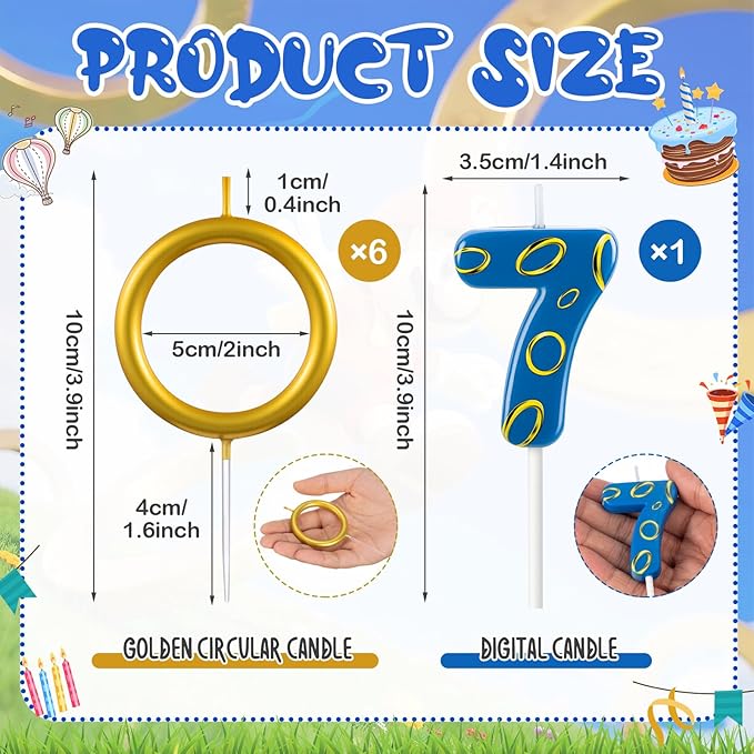 Conelist 7 Pcs Gold Ring Birthday Candles Number Candle Cake Topper Cartoon Characters Themed Candle for Wedding Anniversary Valentine's Day Birthday Party Decorations Supplies(Number 7)