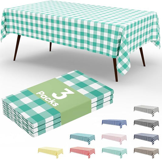 Smiry 3 Pack Teal Gingham Disposable Tablecloths - 54" x 108" Heavy Duty Plastic Table Cloth, Waterproof Buffalo Plaid Table Covers for Picnic, Banquets, Outdoor Parties