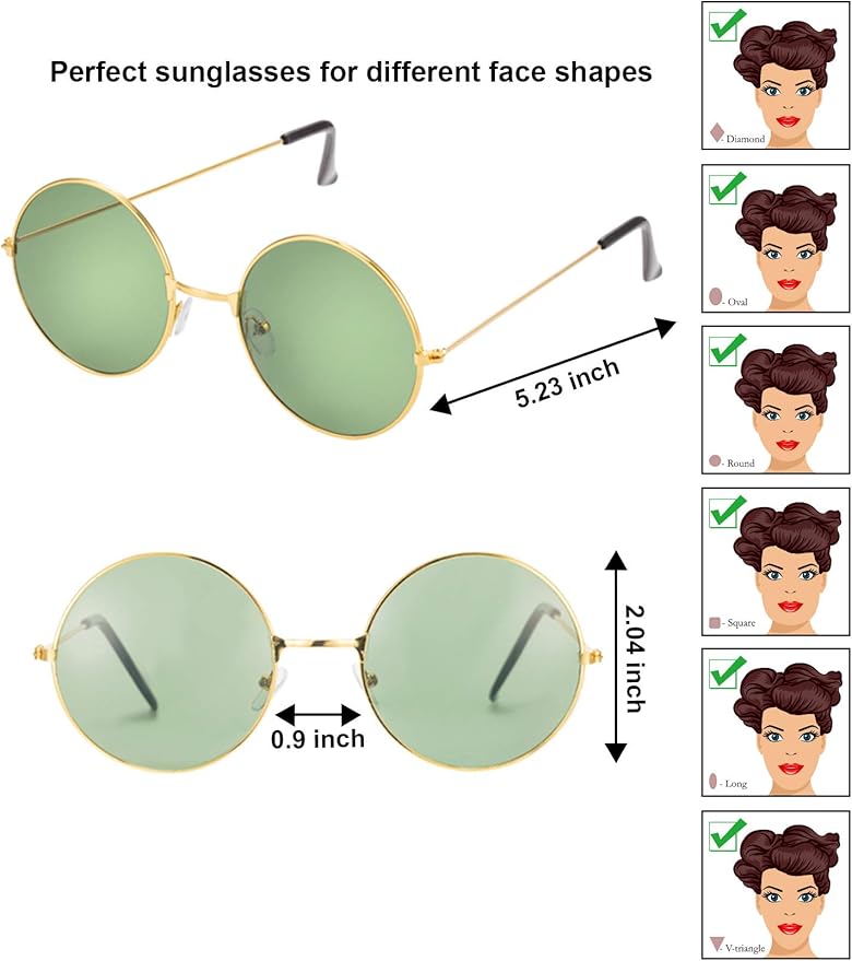 Blulu 18 Pairs Hippie Round Sunglasses for Women Men Bulk Retro Circle Hippie Glasses Metal Frame for Disco Party Accessory