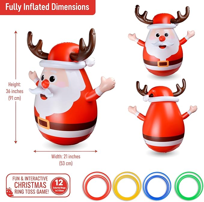 Inflatable Santa Reindeer Ring Toss Game with Wobbling Punching Bag, Christmas Party Game for Kids and Adults, Holiday Decoration