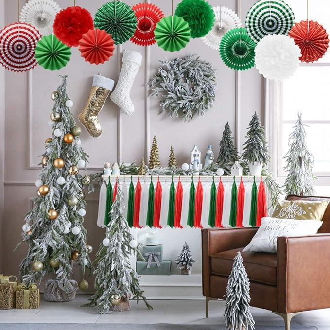 Red Green White Hanging Paper Fans Pom Poms Flowers Tissue Tassel Garland for Graduations Christmas St. Patrick's Day Party Decorations
