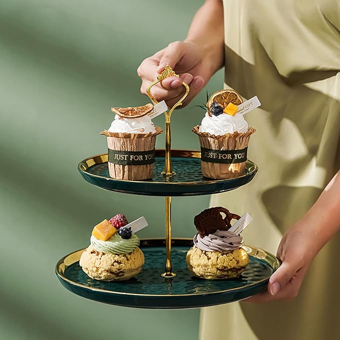 Tosnail Set of 2 Porcelain Cupcake Stand Ceramic Dessert Stand Tiered Serving Trays with Gold Rod, 3 Tiers and 2 Tiers Cake Stand Party Serving Trays Fruit Pastry Holders for Wedding and Party
