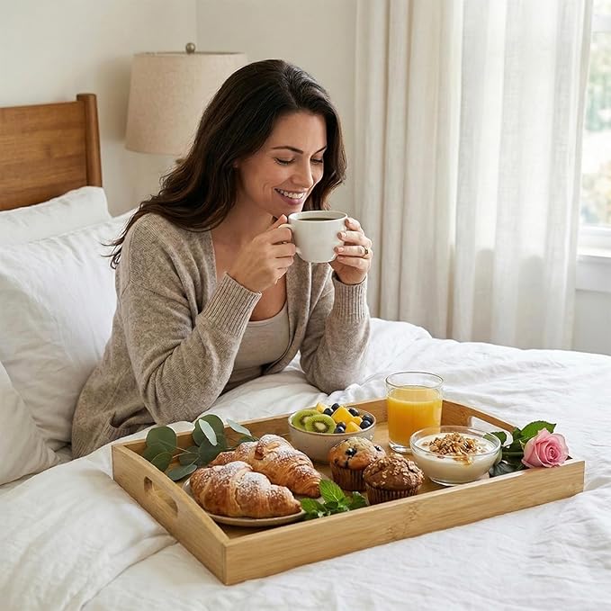 GOLD HONEY Bamboo Serving Tray with Handles Set of 2 - Decorative Wooden Tray for Living Room, Bathroom, Suitable for Used in Bedroom, Kitchen, Coffee Table, Outdoor and Storing - 17x13in, 16x12in