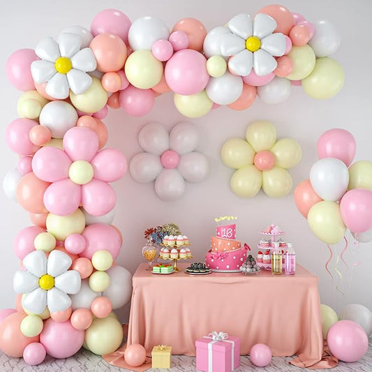Daisy Balloon Garland Arch Kit,Retro Hippie Boho Pink White Yellow Balloons Garland Daisy Flower Balloons For Birthday Baby Shower Bridal Wedding Groovy Daisy Party Decorations